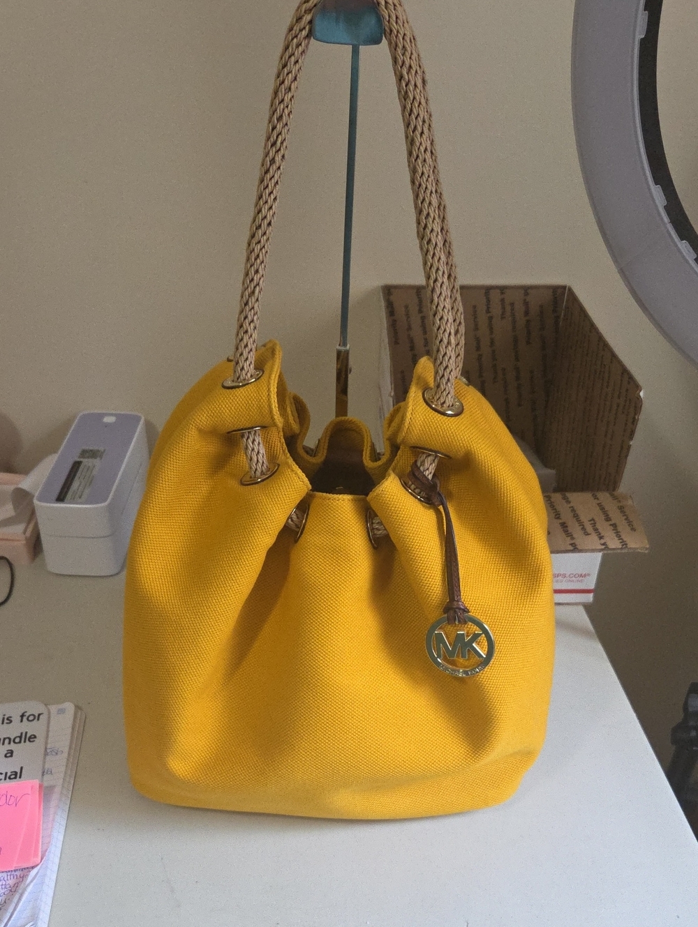 Michael Kors Marina Canvas Tote Yellow Rope-Handle Drawstring Hobo Bag